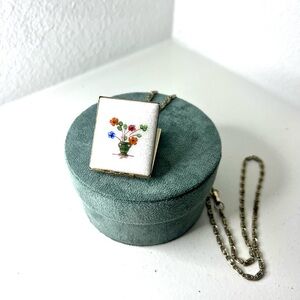 Vintage 1950’s Era Guilloche Floral Enamel 2 locket pendants necklace